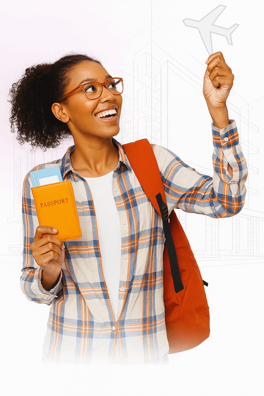 Smiling student holding passport and paper airplane